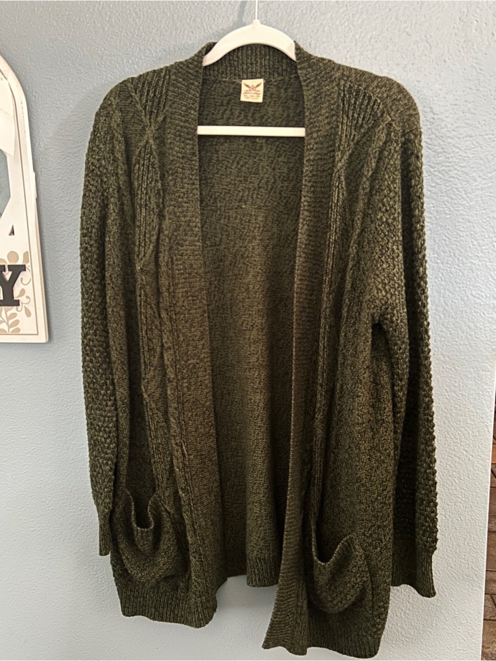 Faded Glory Olive Green Open-Front Cable Cardigan
